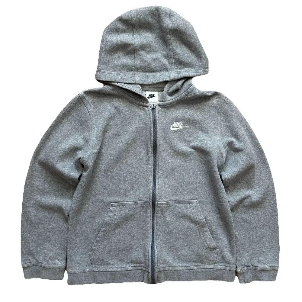 Nike Club Fleece Full Zip Hoodie Youth Large Gray Embroidered Logo Jacket